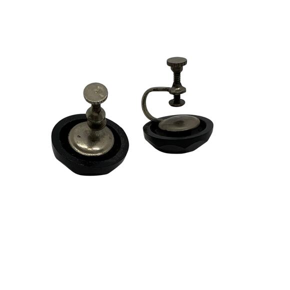 Vintage Black Faceted Glass Button Earrings Screw Back Silver Tone Mid Century - Picture 11 of 11